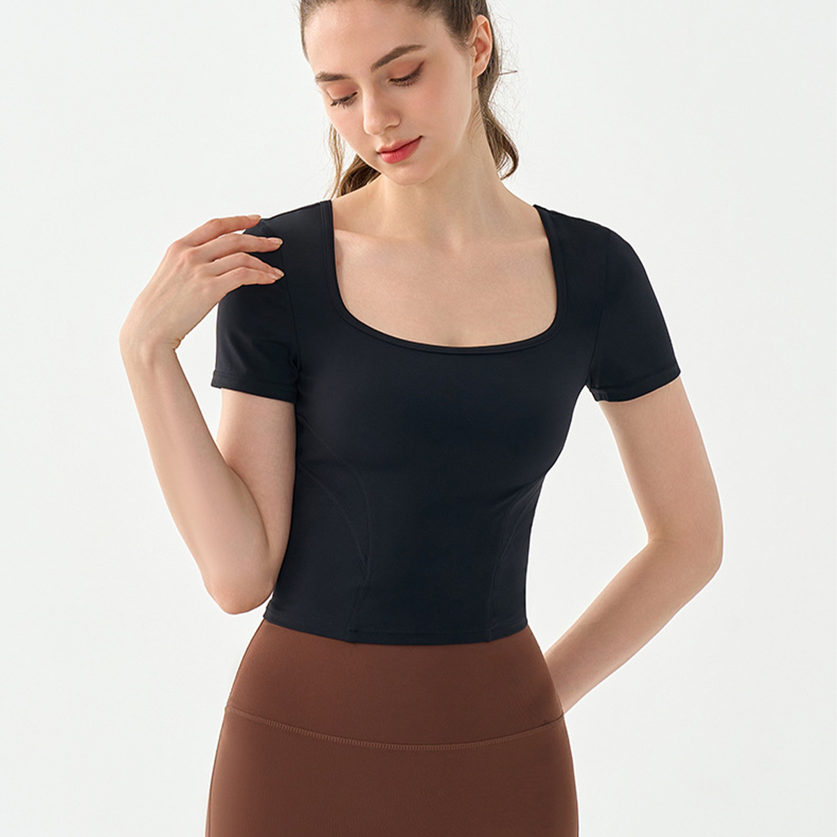 Waist Seamed Cinched Back Mesh Breathable Athletic Top DST878