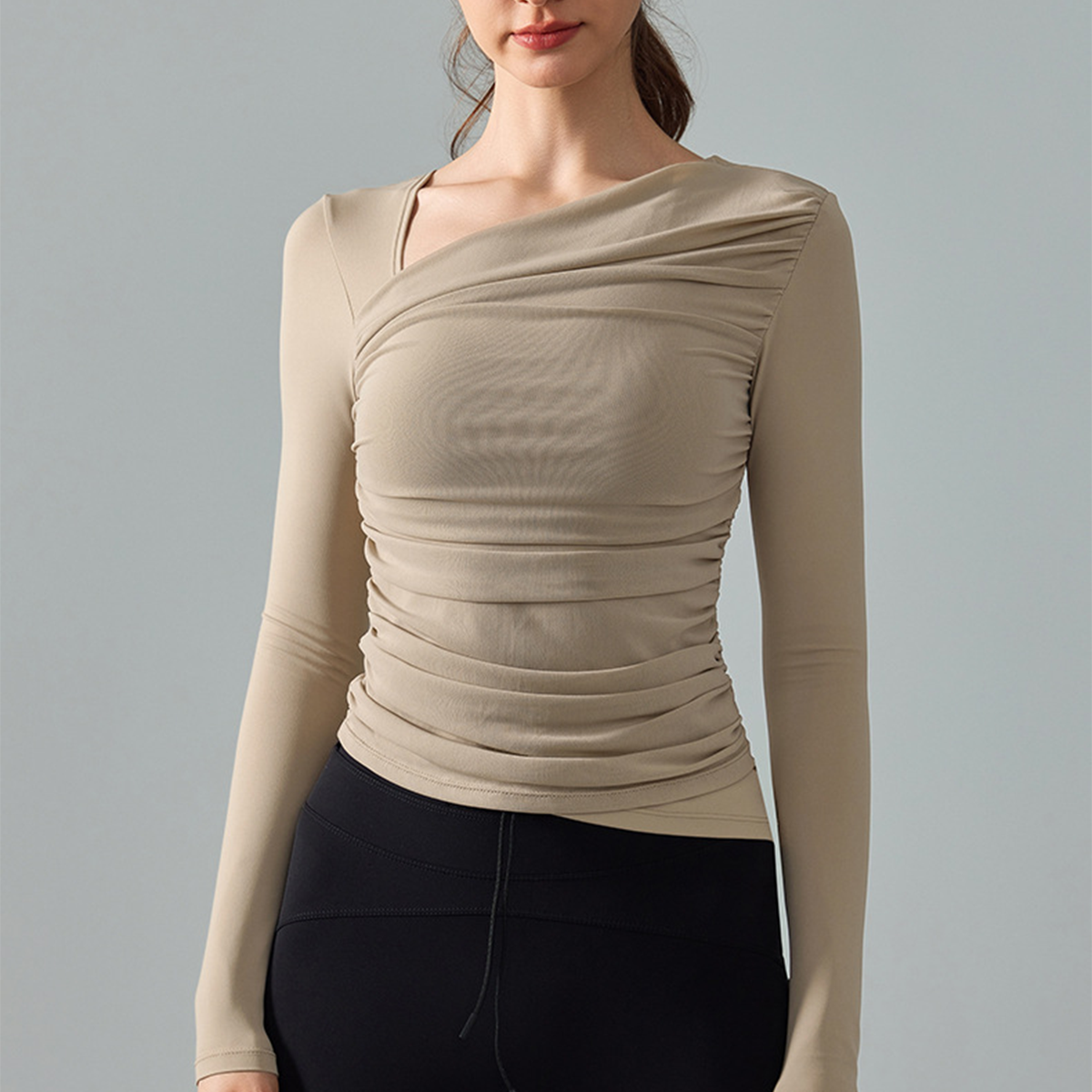 Diagonal Neck  Mesh Panels Long-Sleeved   Built-in Bra Yoga Top  DWTS124017 