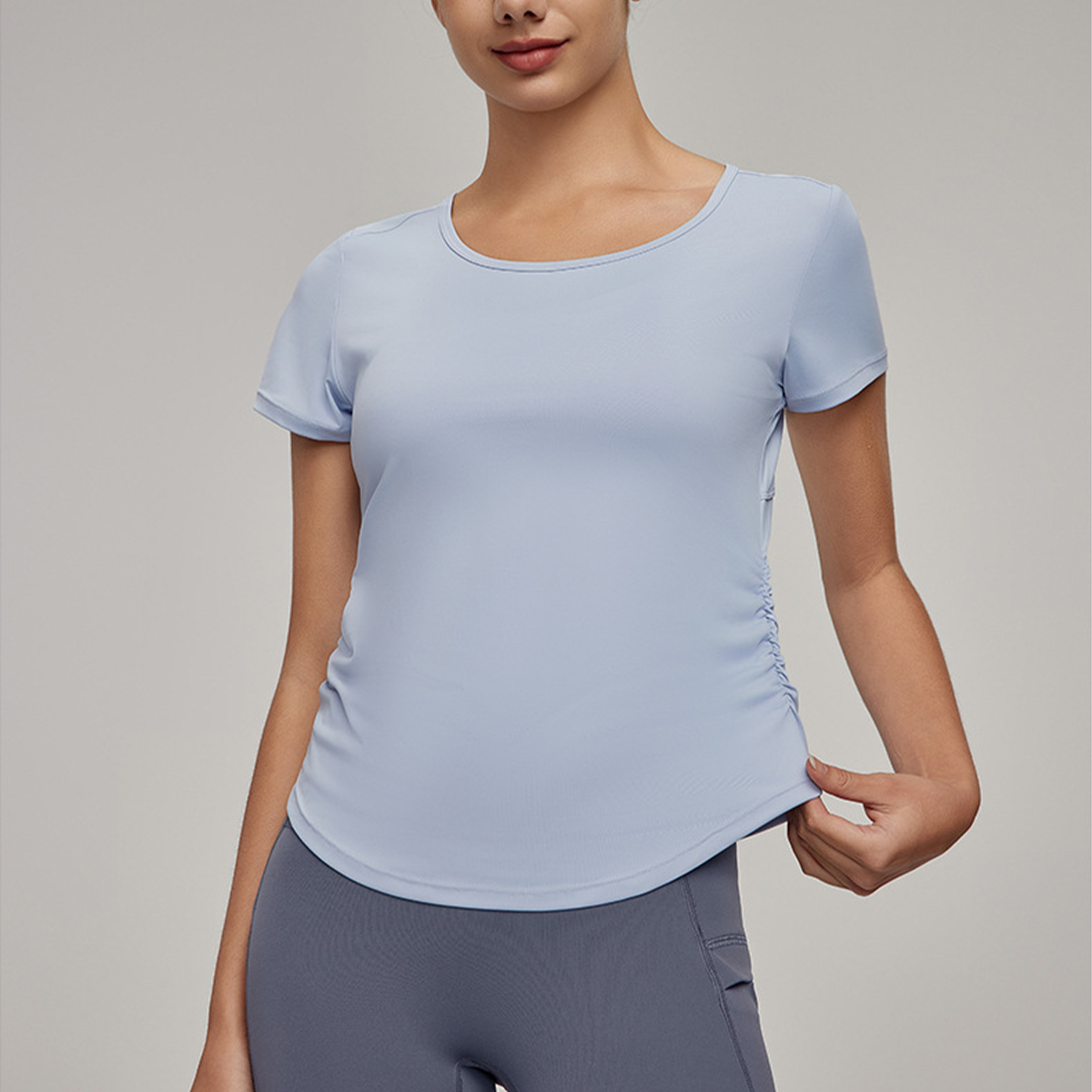 Back Mesh Paneling Side-Pleated Breathable And Sun-Protective Fitness Top  DWY115119  