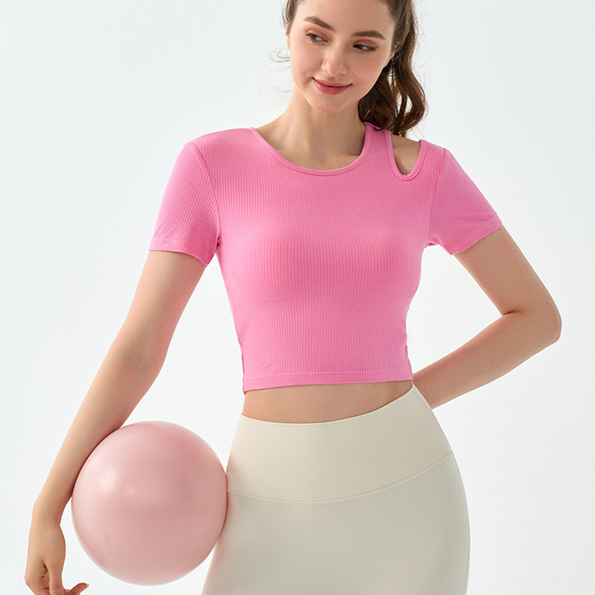 Asymmetric Hollow-Out Shoulder Strap Semi-Fixed Cup Fitness Short Sleeve DST865