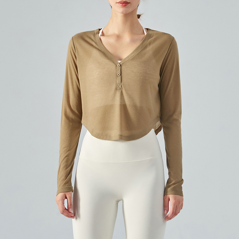Loose V-Neck Lightweight Sheer Long-Sleeve Yoga Blouse DSL370 