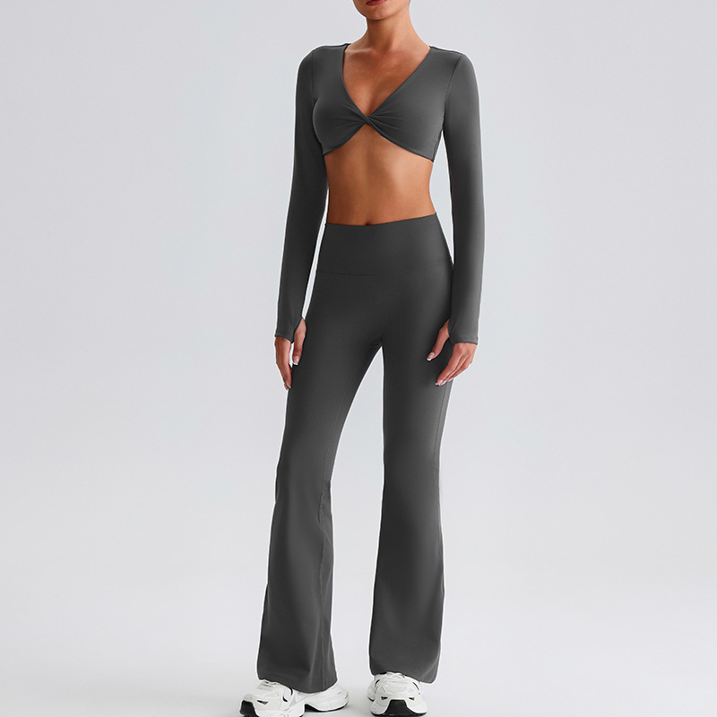 Flare Leggings And Knot Long - Sleeve Yoga Bra Set SKL-LQ0619