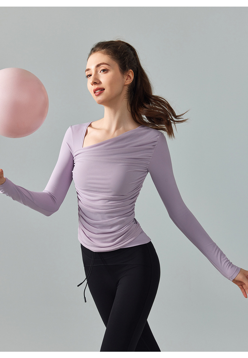 Diagonal Neck  Mesh Panels Long-Sleeved   Built-in Bra Yoga Top  DWTS124017 