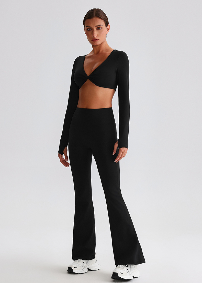 Flare Leggings And Knot Long - Sleeve Yoga Bra Set SKL-LQ0619