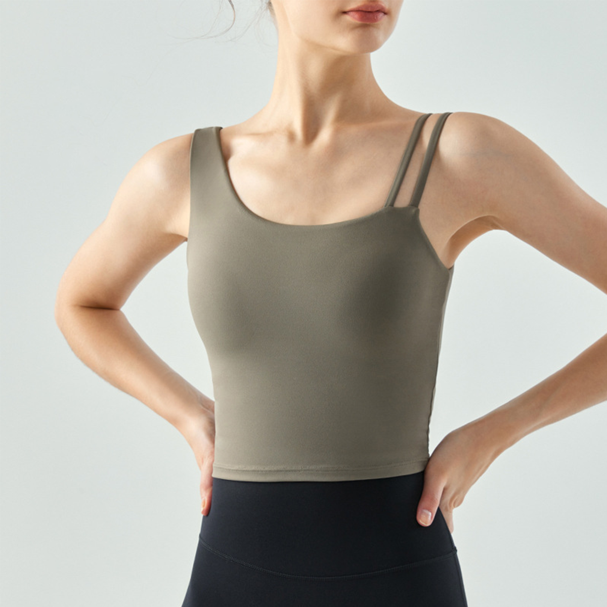 Asymmetric-Strap Fixed-Cup Solid-Color Fitness Bra Top DSG674