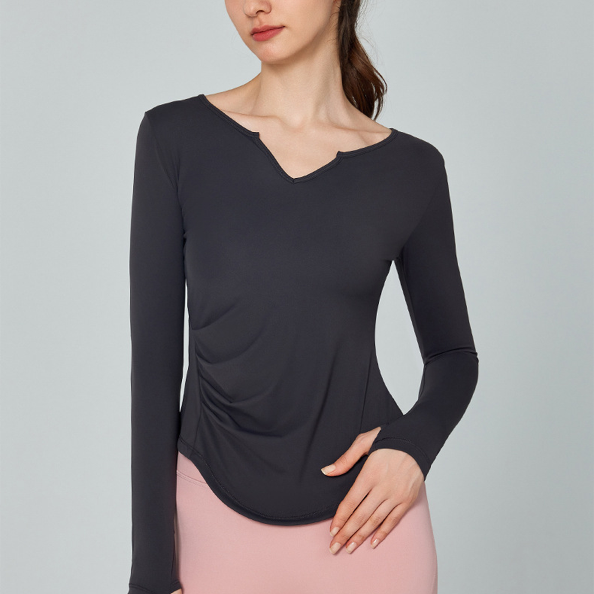 Solid Color Long-Sleeved V-Neck Quick-Drying Yoga Top  DWTS124113