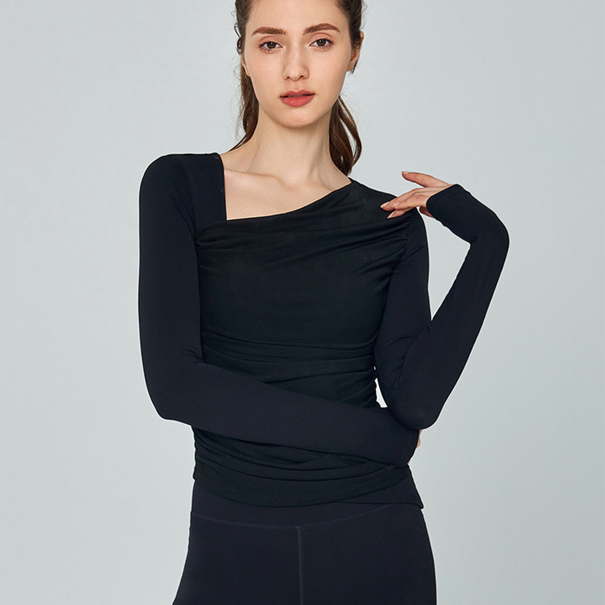 Diagonal Neck  Mesh Panels Long-Sleeved   Built-in Bra Yoga Top  DWTS124017 
