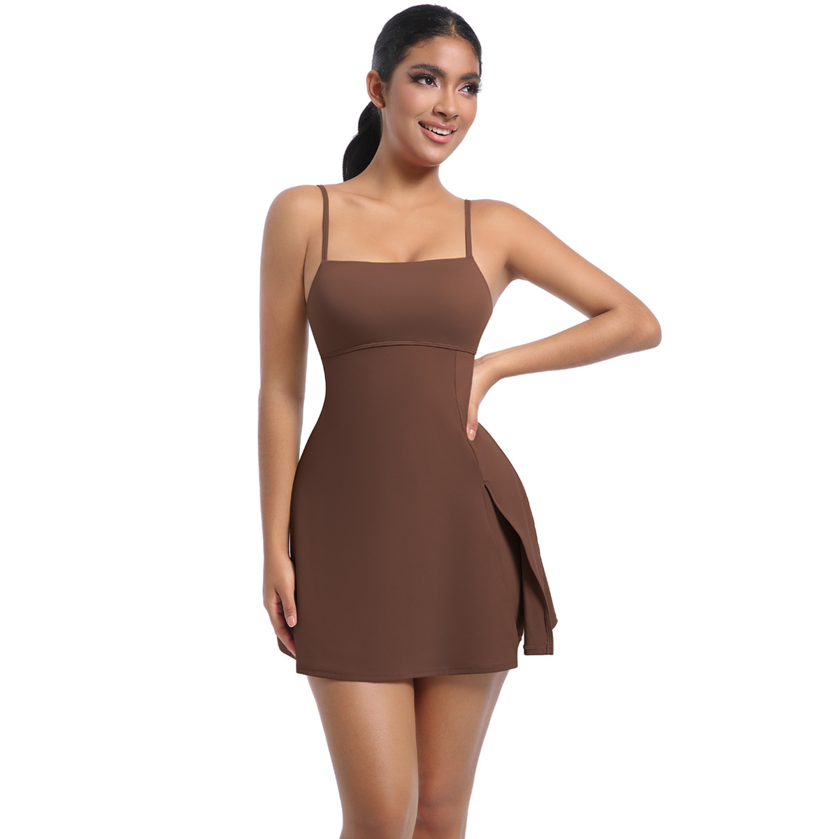 Padded Breathable Spaghetti-strap Yoga Romper with Tennis Skirt 7080