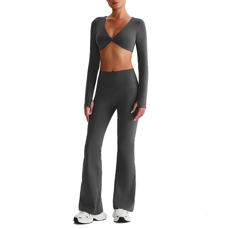 Pleated Micro - Flare Leggings And Knot Long - Sleeve Yoga Bra Set SKL-LQ8019
