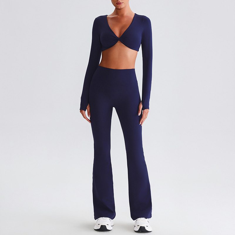 Flare Leggings And Knot Long - Sleeve Yoga Bra Set SKL-LQ0619