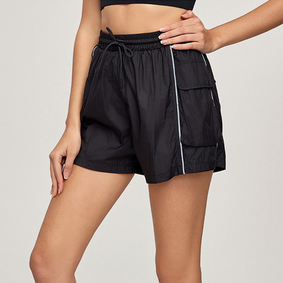 Drawstring Athletic Shorts with Side Pockets and Reflective Strips  DWK115067