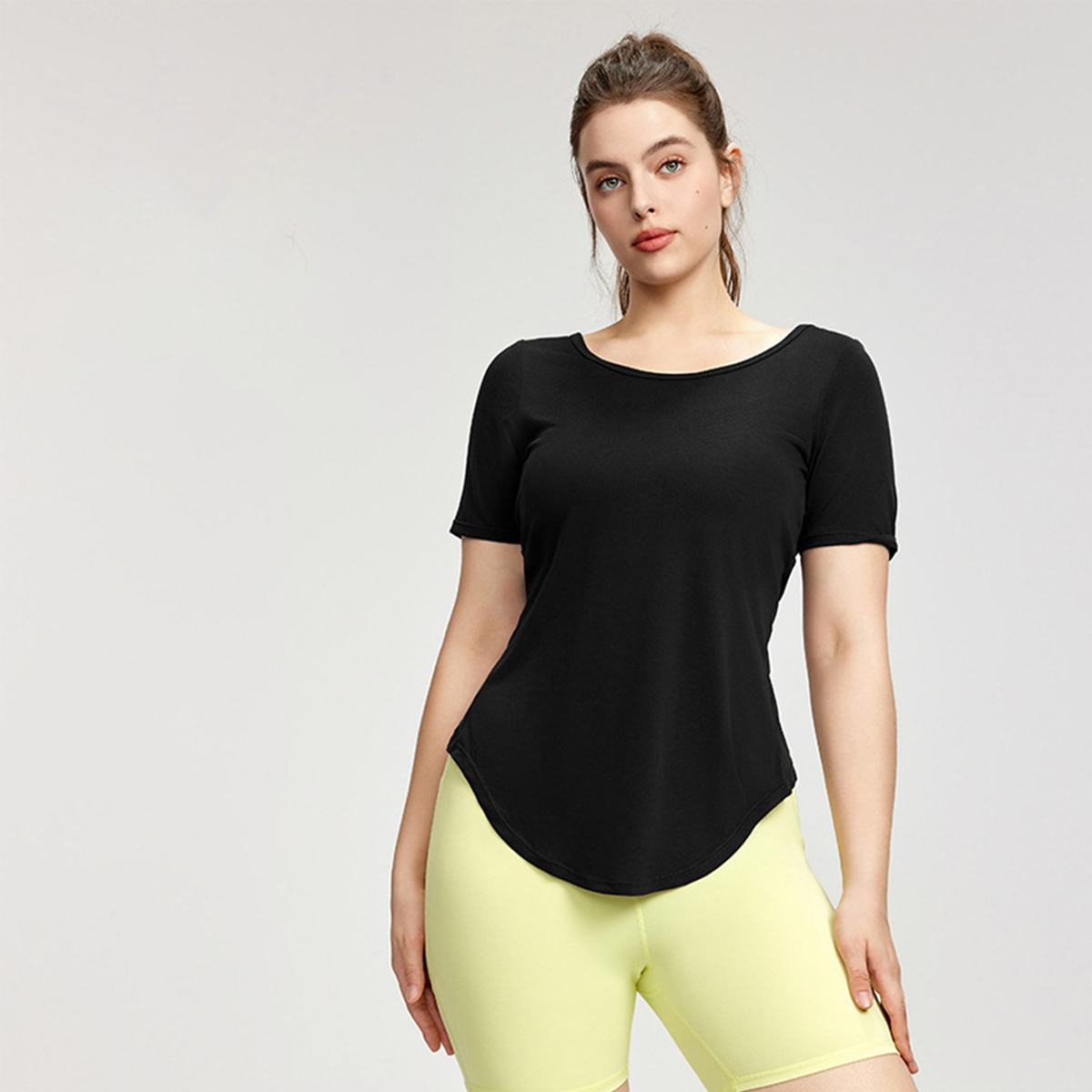 Back Twist-Knot Backless Plus-Size Yoga Short-Sleeve Top DWA215439