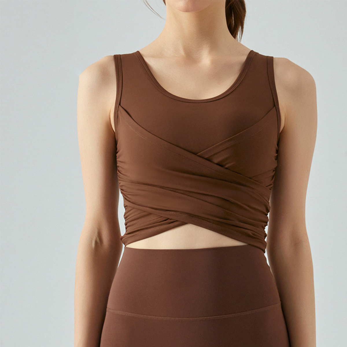 Cross-Pleated Yoga Tank Top with Built-in Pads DSG490