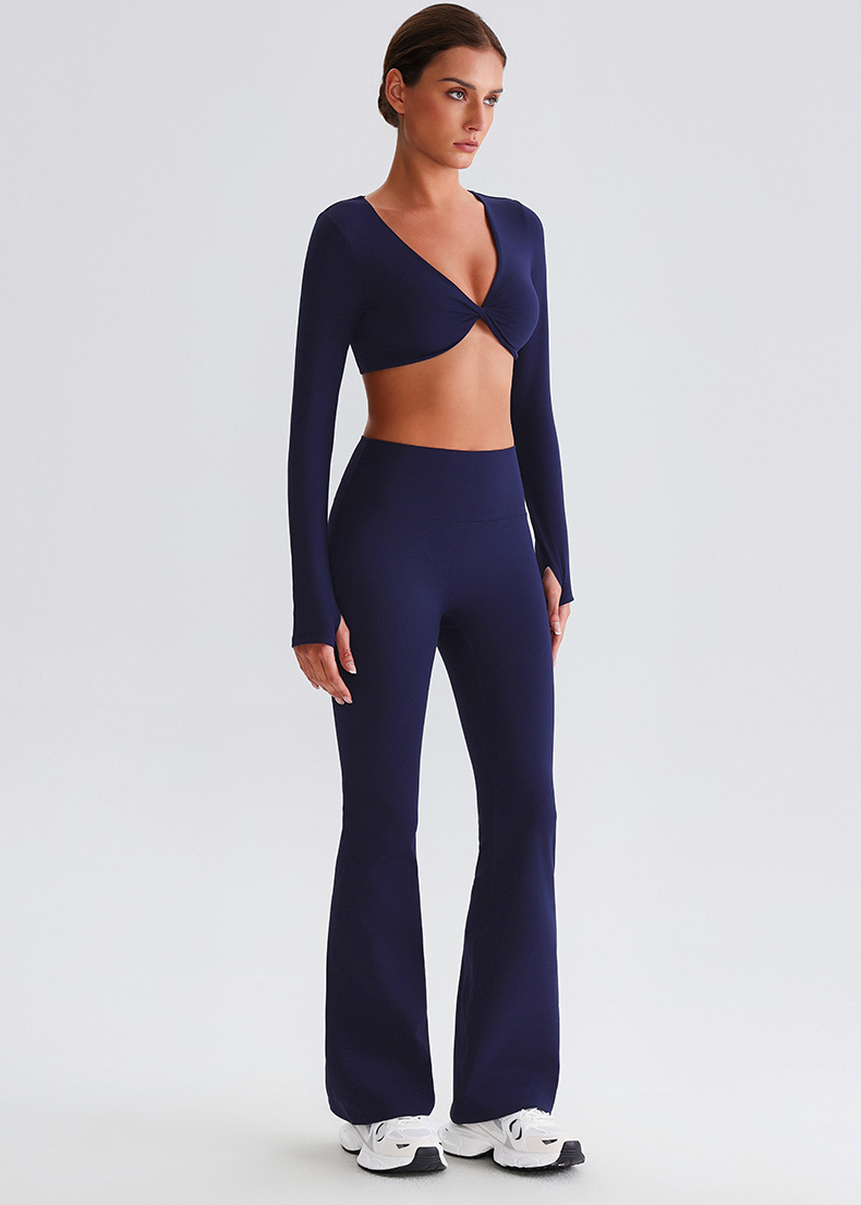 Pleated Micro - Flare Leggings And Knot Long - Sleeve Yoga Bra Set SKL-LQ8019