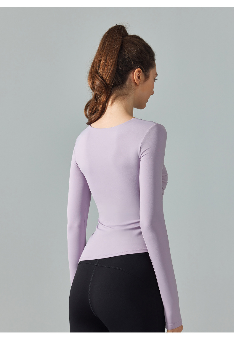 Diagonal Neck  Mesh Panels Long-Sleeved   Built-in Bra Yoga Top  DWTS124017 