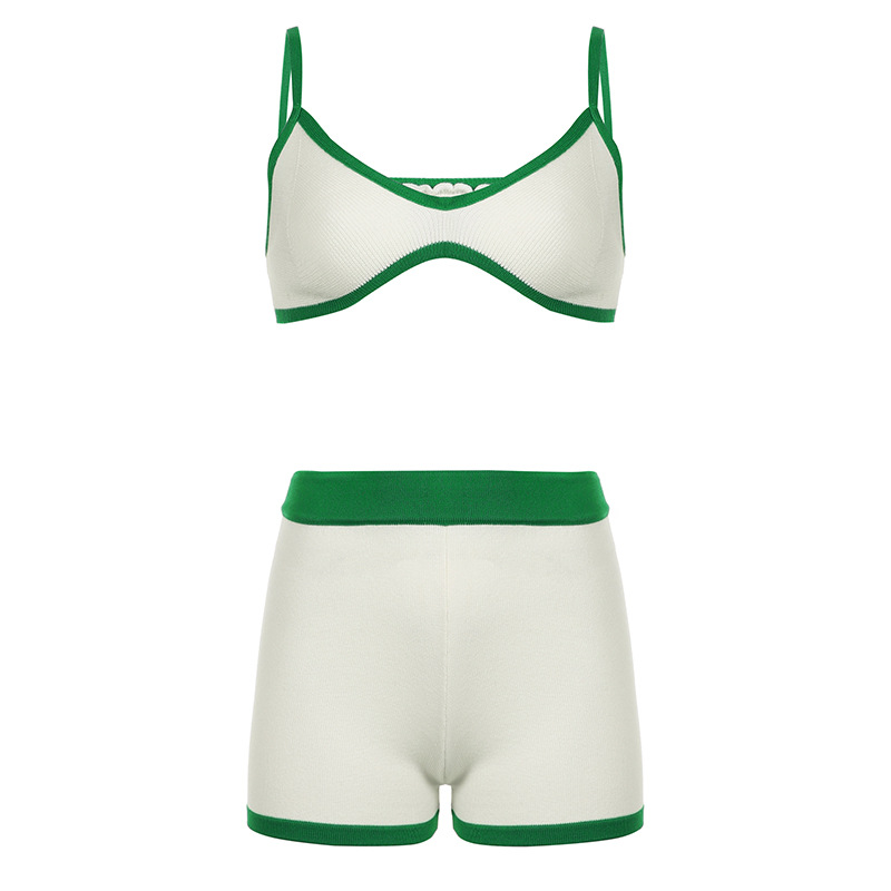 White and Green Colorblock Thin Strap High-Waisted Fitness Shorts Yoga Sports Set SKL-FNK202332