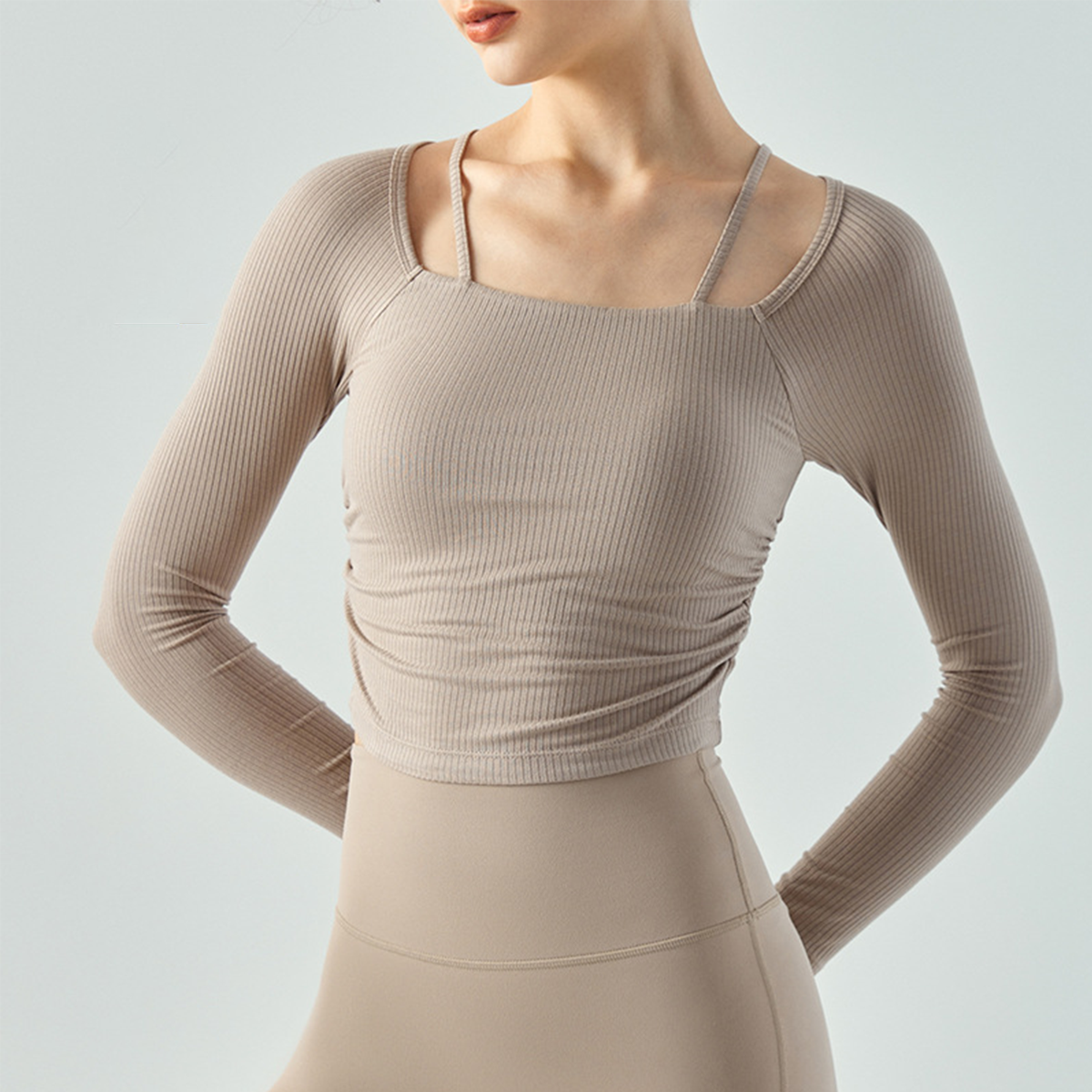 Square Neck Side-Pleated Yoga Long-Sleeve Top  DSL651