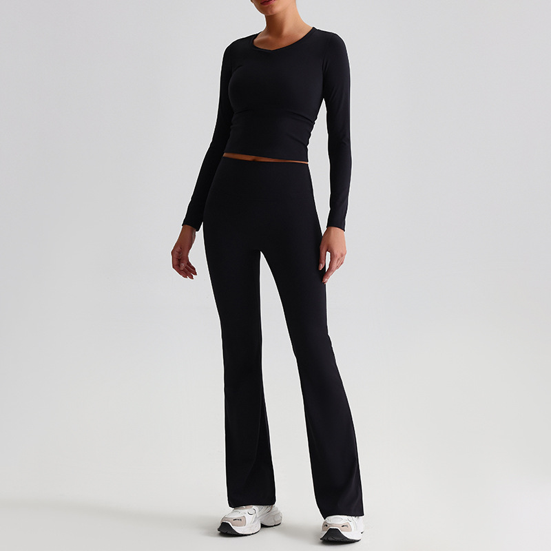 Yoga Suit For Women Casual Hip-lifting Flared Pants And Tight-fitting Nude Short-sleeved shirt SKL-LQ8999
