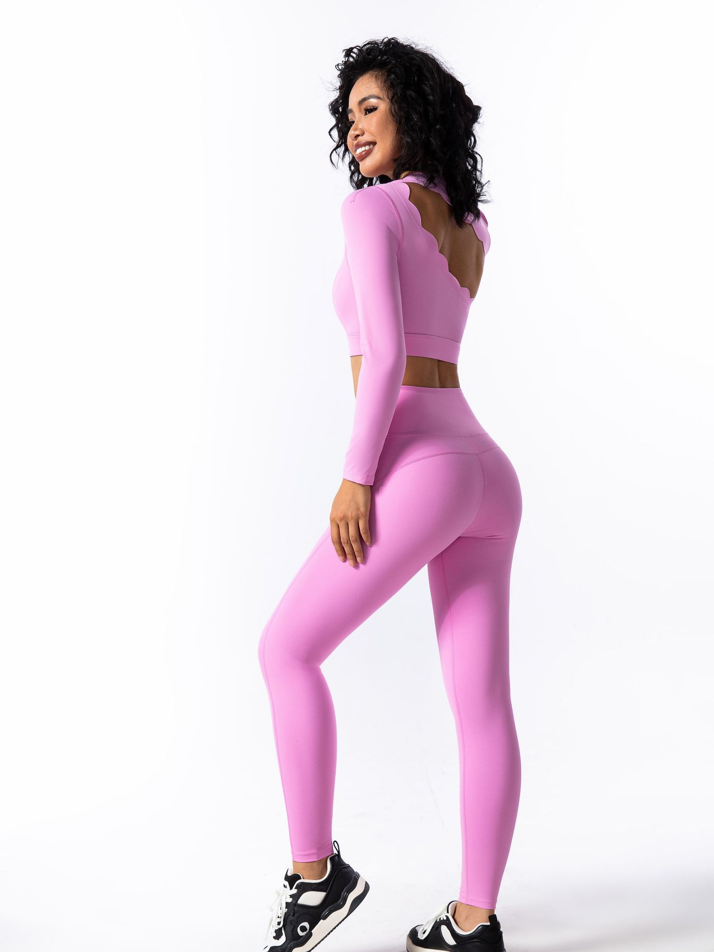 Lace Off-The-Shoulder Top Breathable With Chest Pad Shockproof Long-Sleeved Yoga Pants Set Set SKL-FNK8809