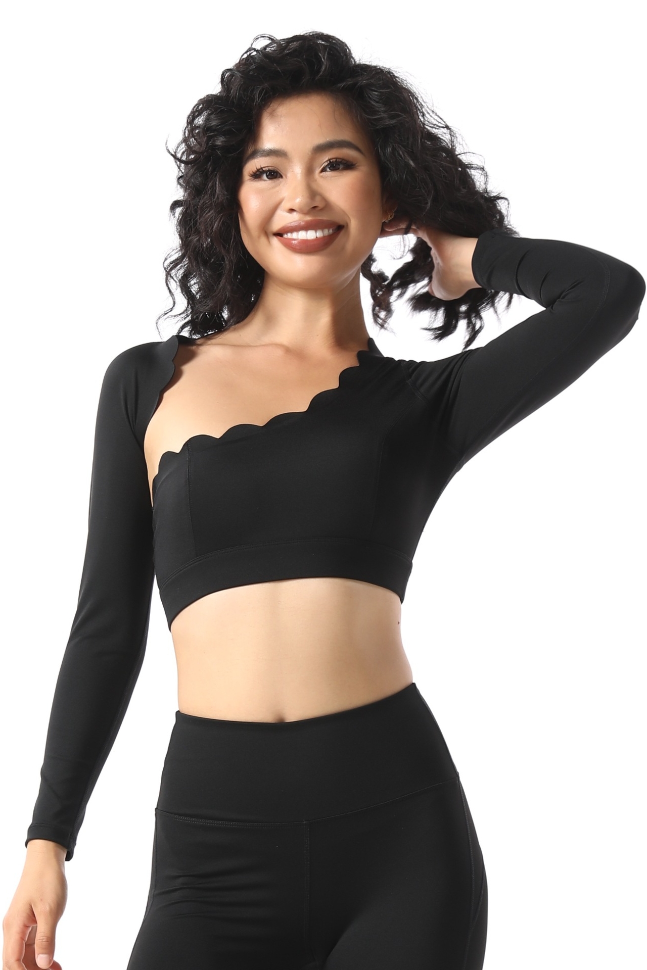 Lace Off-The-Shoulder Top Breathable With Chest Pad Shockproof Long-Sleeved Yoga Pants Set Set SKL-FNK8809