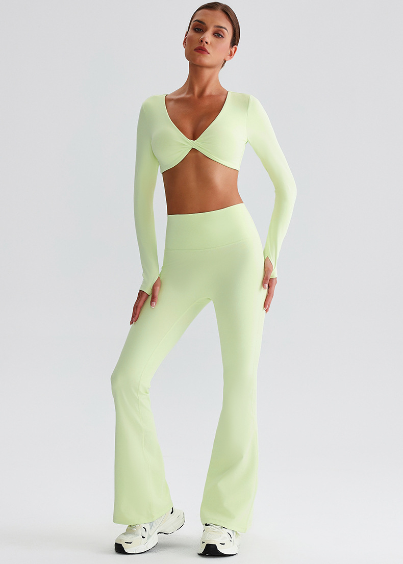 Flare Leggings Knot Long - Sleeve Yoga Bra With Pads Set SKL-LQ0819
