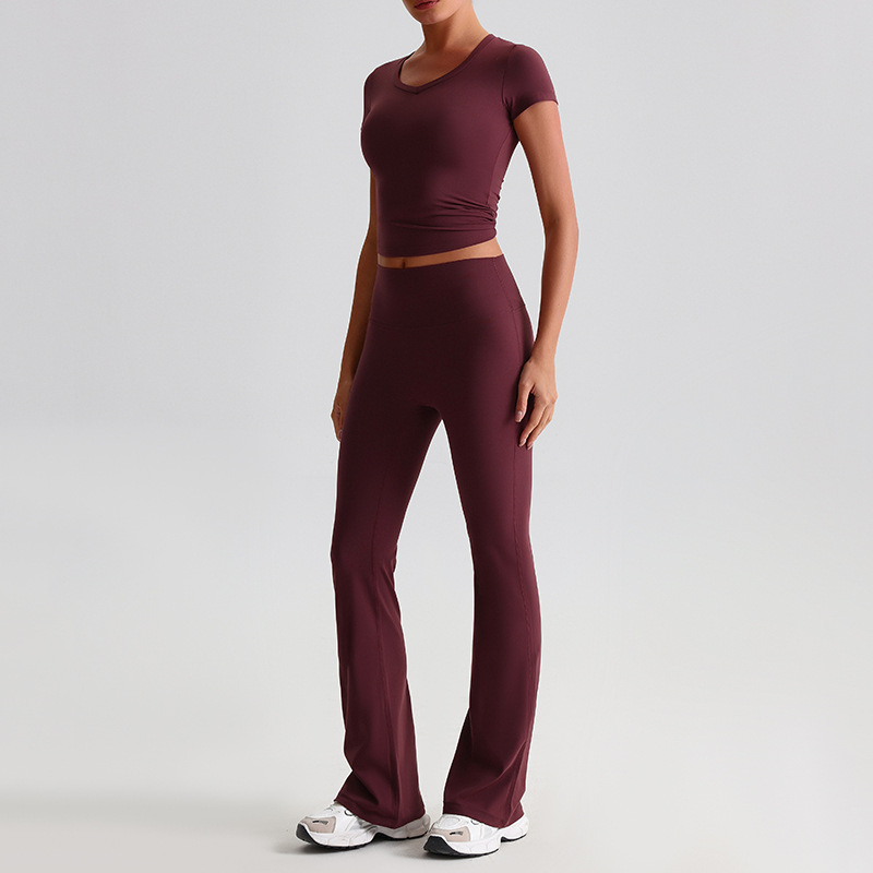 Yoga Suit For Women Casual Hip-lifting Flared Pants And Tight-fitting Nude Short-sleeved shirt SKL-LQ8999