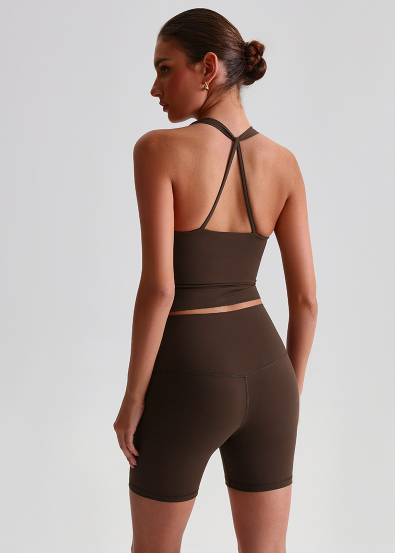  Solid-color Nude Tight Shorts Set With Beautiful Back BraSKL-LQ0158