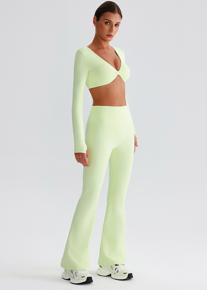 Flare Leggings Knot Long - Sleeve Yoga Bra With Pads Set SKL-LQ0819