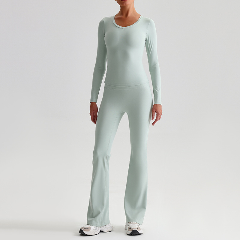 Yoga Suit For Women Casual Hip-lifting Flared Pants And Tight-fitting Nude Short-sleeved shirt SKL-LQ8999