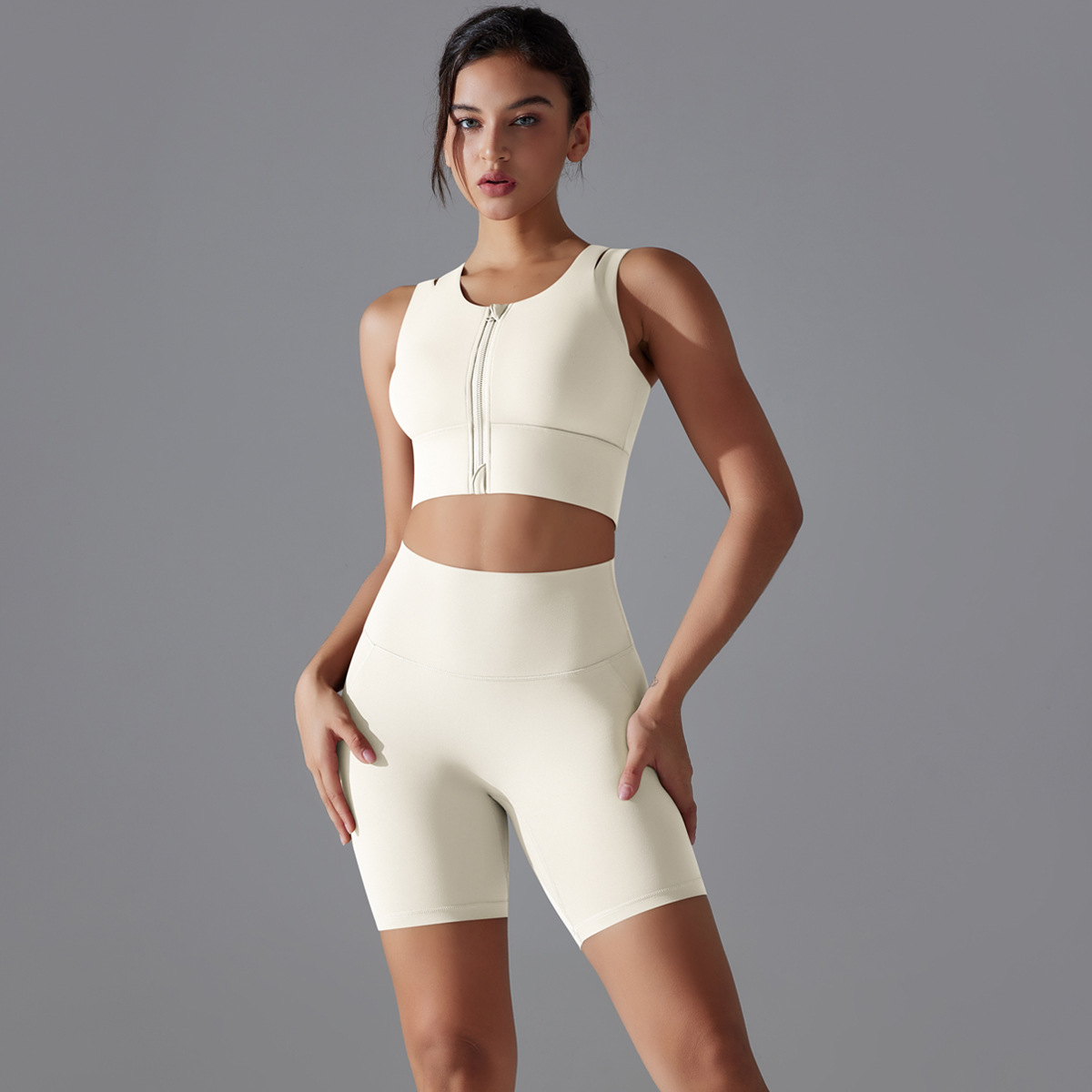 Zipper Bra High-Waisted Quick-Dry Tight Shorts Sportswear Set 7020