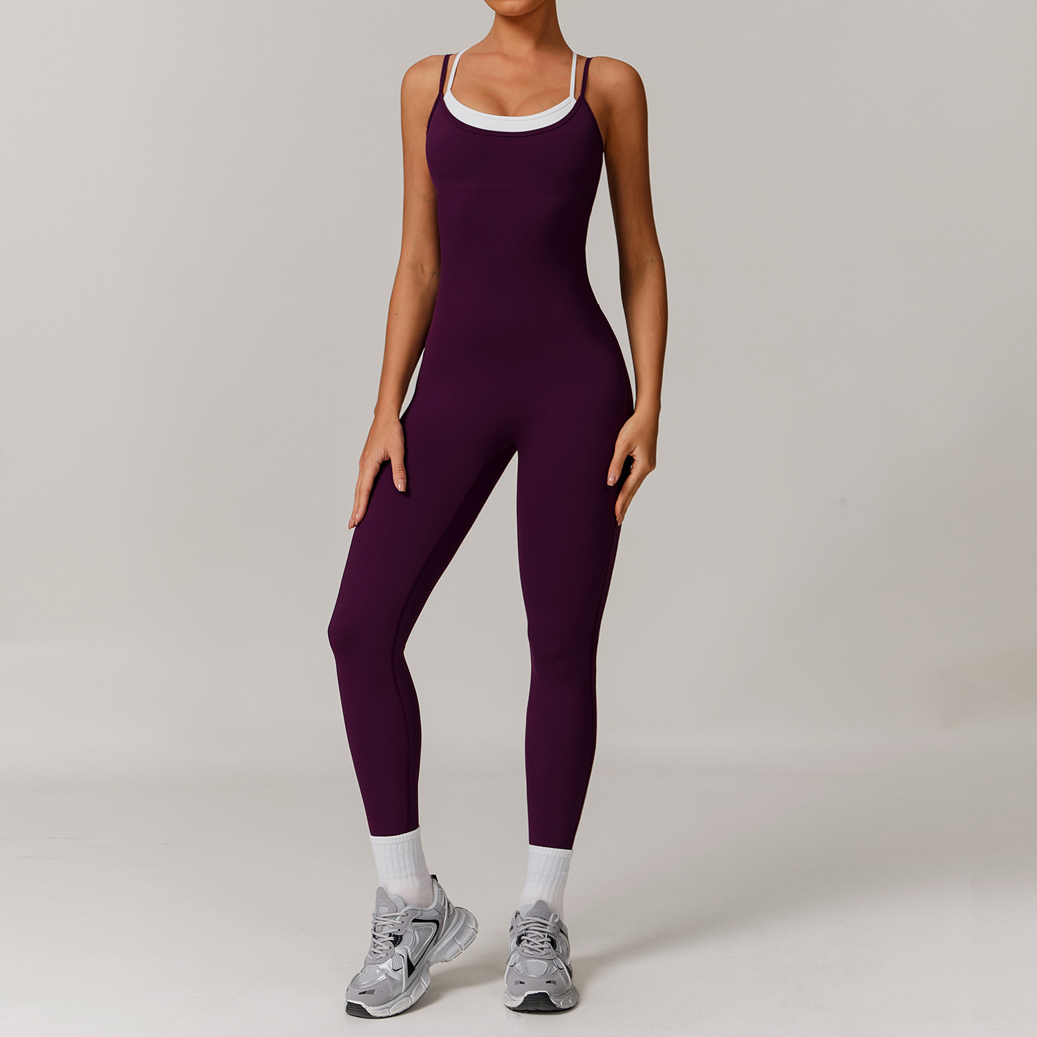 Soft Fabric Thin Straps Mock Two Pieces Jumpsuits 8843