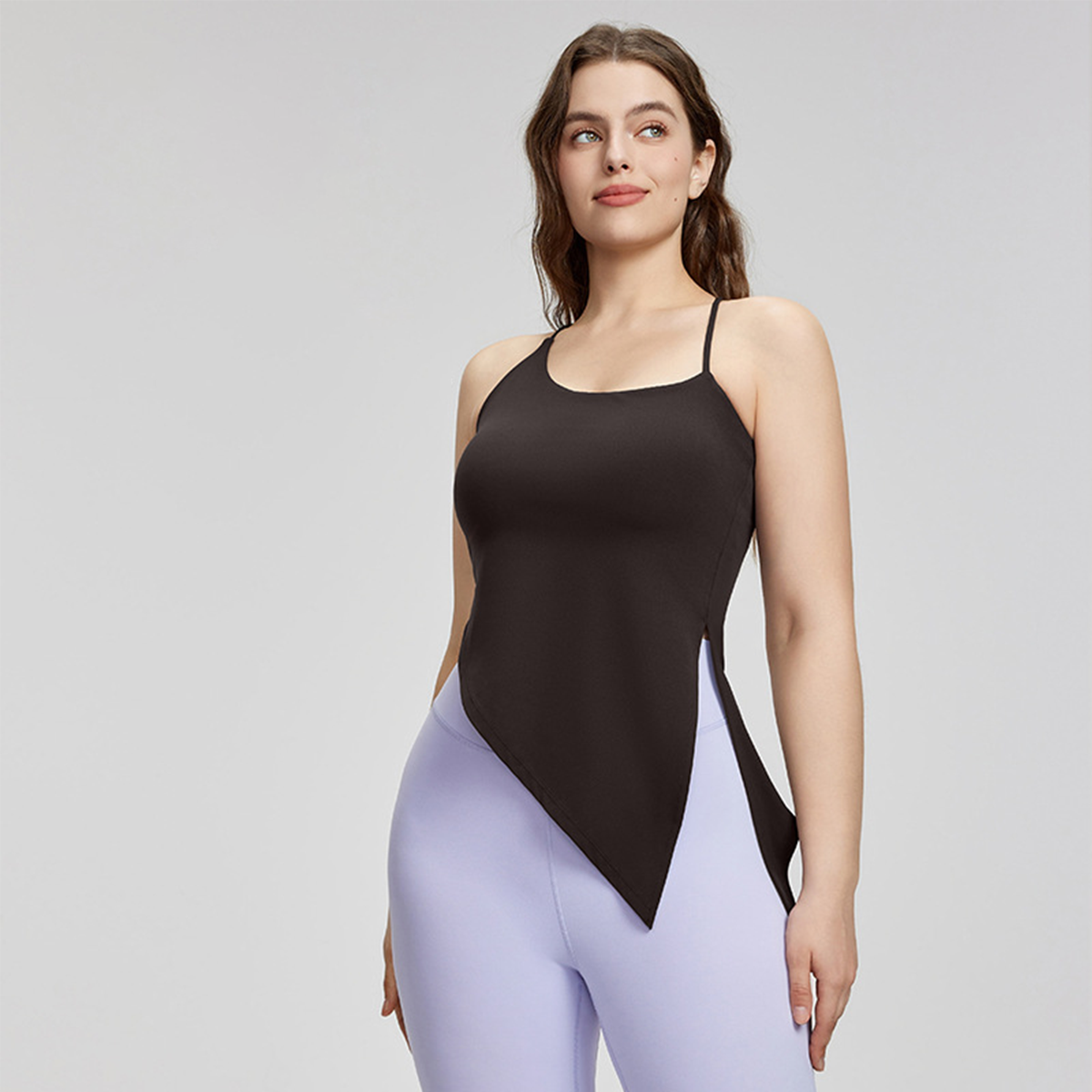 Asymmetric-Neck Split Hem Plus-Size Yoga Sling Top DWU215153
