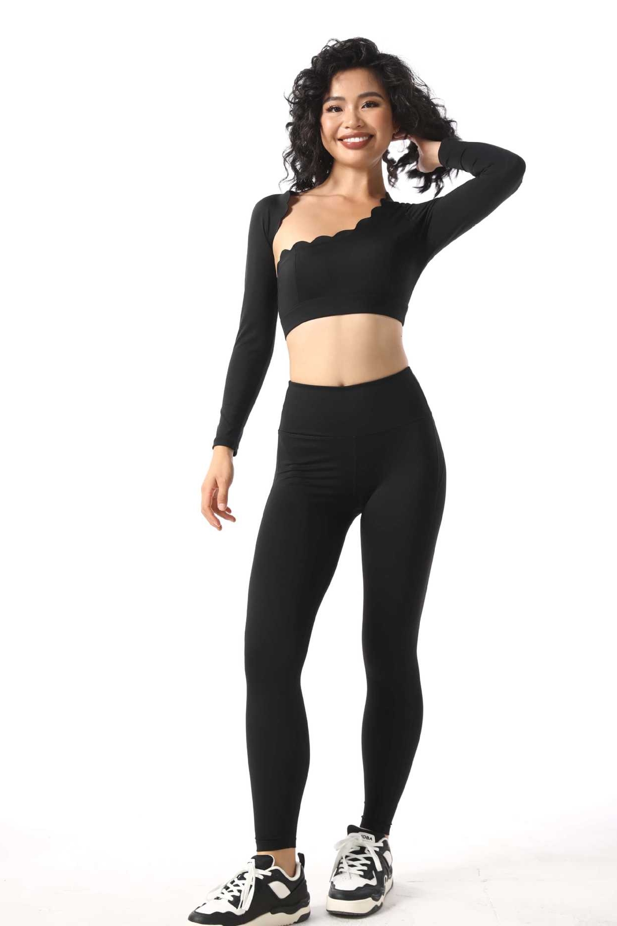 Lace Off-The-Shoulder Top Breathable With Chest Pad Shockproof Long-Sleeved Yoga Pants Set Set SKL-FNK8809