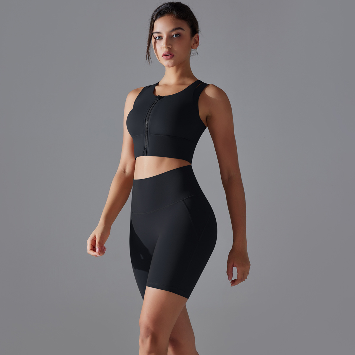  Zipper Bra High-Waisted Quick-Dry Tight Shorts Sportswear Set 7020