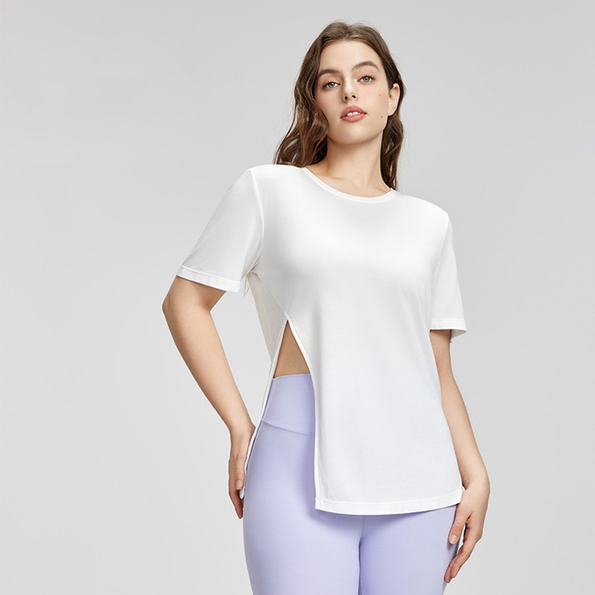 Plus-Size Mesh Breathable Side-Slit Yoga Short-Sleeve Top DWY215198 