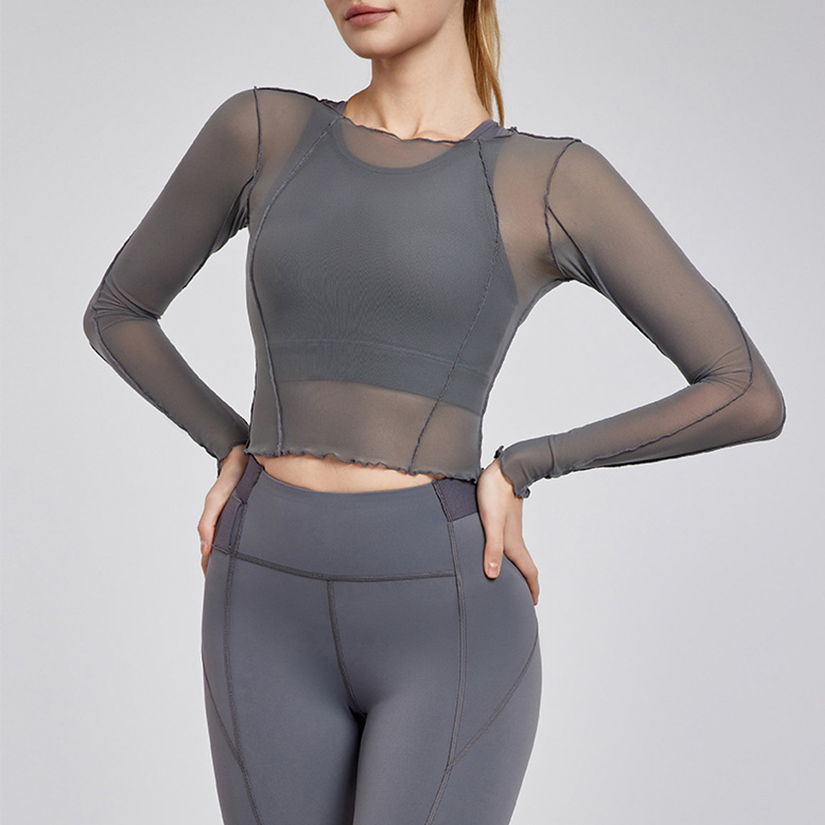 Structured Seaming Design Long-Sleeve Yoga Mesh Blouse DWA115070 