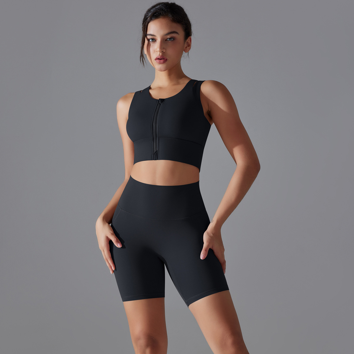  Zipper Bra High-Waisted Quick-Dry Tight Shorts Sportswear Set 7020
