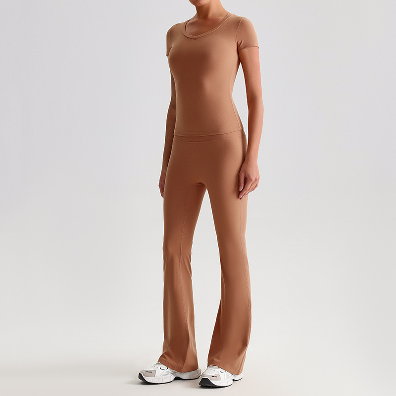 Yoga Suit For Women Casual Hip-lifting Flared Pants And Tight-fitting Nude Short-sleeved shirt SKL-LQ8999