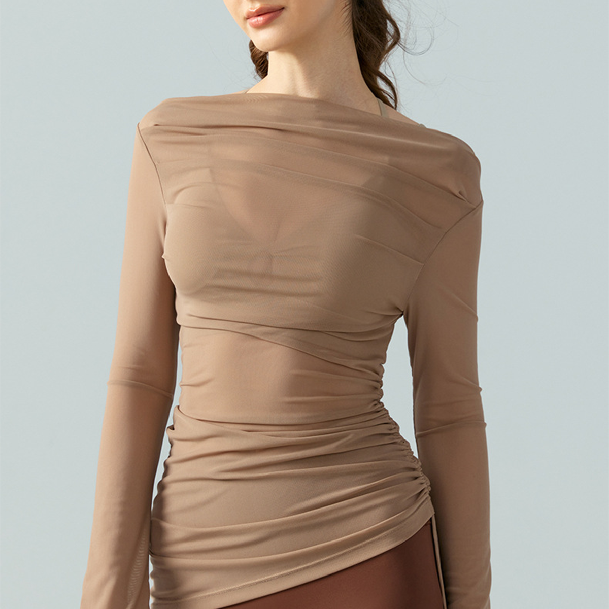 Waist-Cinched Pleated Mesh-Paneled Yoga Long-Sleeve Cover-Up  DSL741