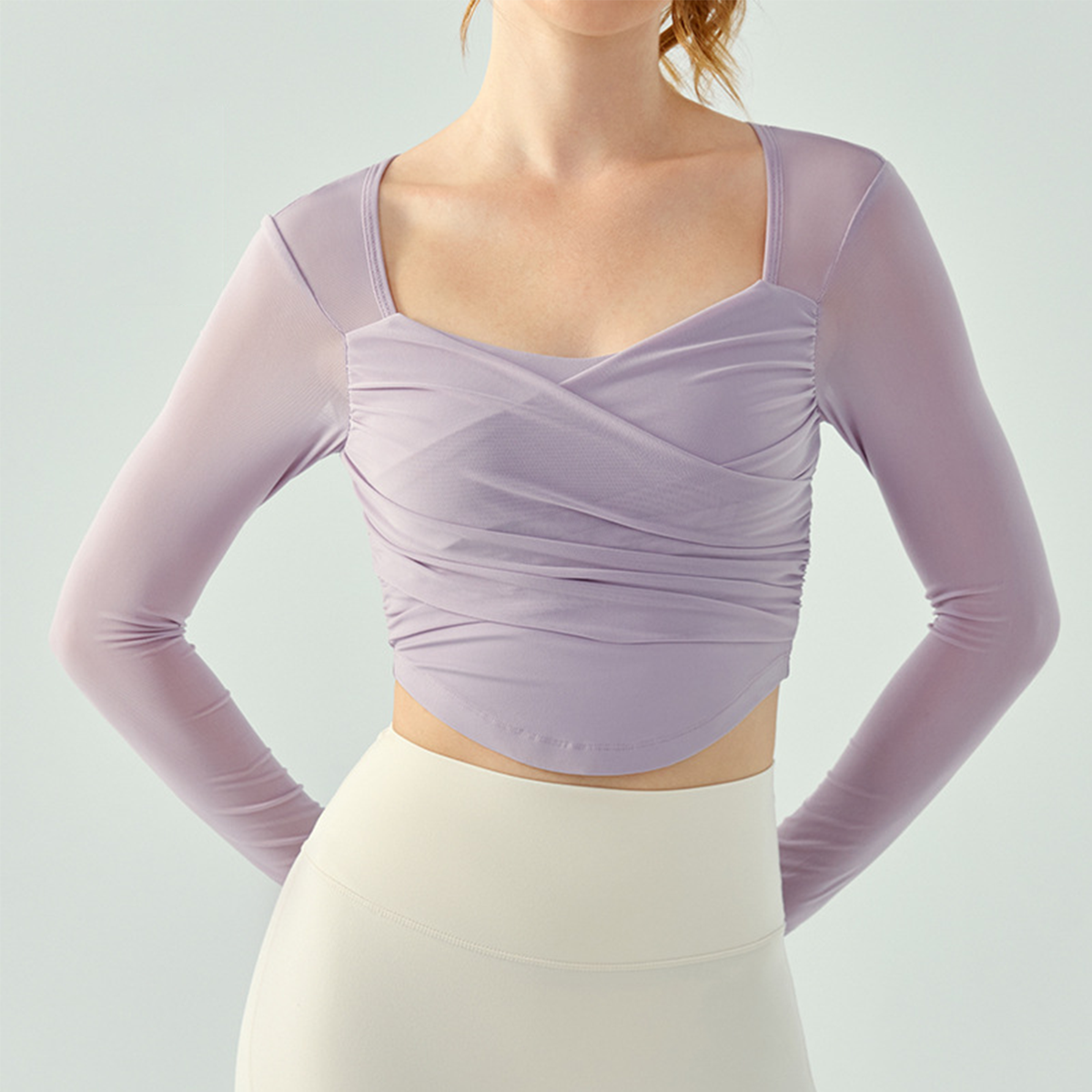 Cross-Pleated Mesh-Paneled Yoga Long-Sleeve Top  DSL693