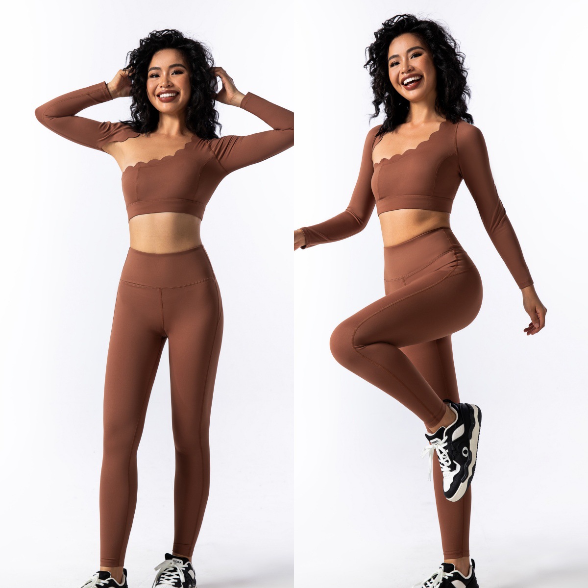 Lace Off-The-Shoulder Top Breathable With Chest Pad Shockproof Long-Sleeved Yoga Pants Set Set SKL-FNK8809