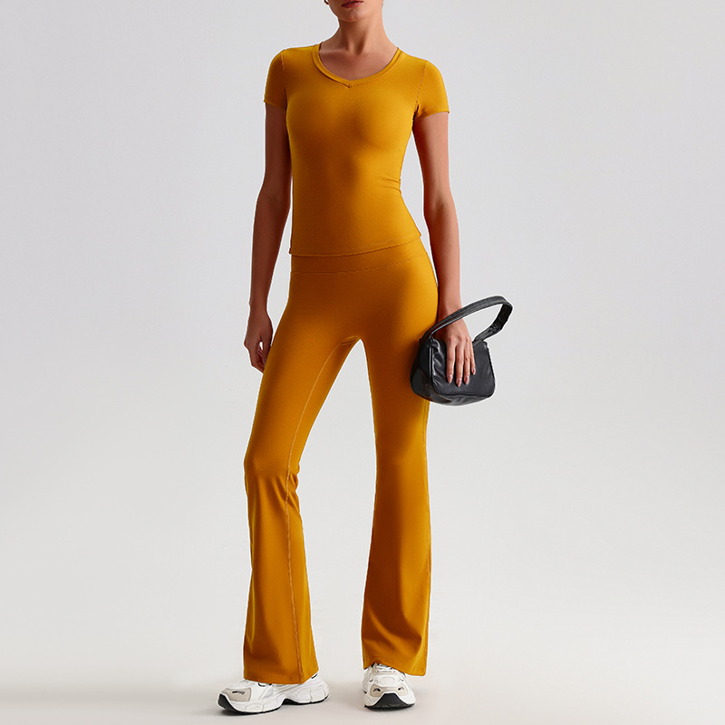 Yoga Suit For Women Casual Hip-lifting Flared Pants And Tight-fitting Nude Short-sleeved shirt SKL-LQ8999