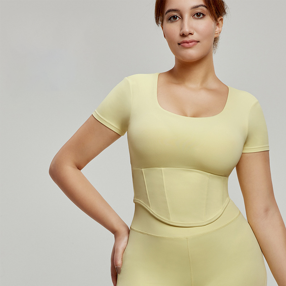 Square-Neck Waist-Defining Plus Size Yoga Top DWY215022