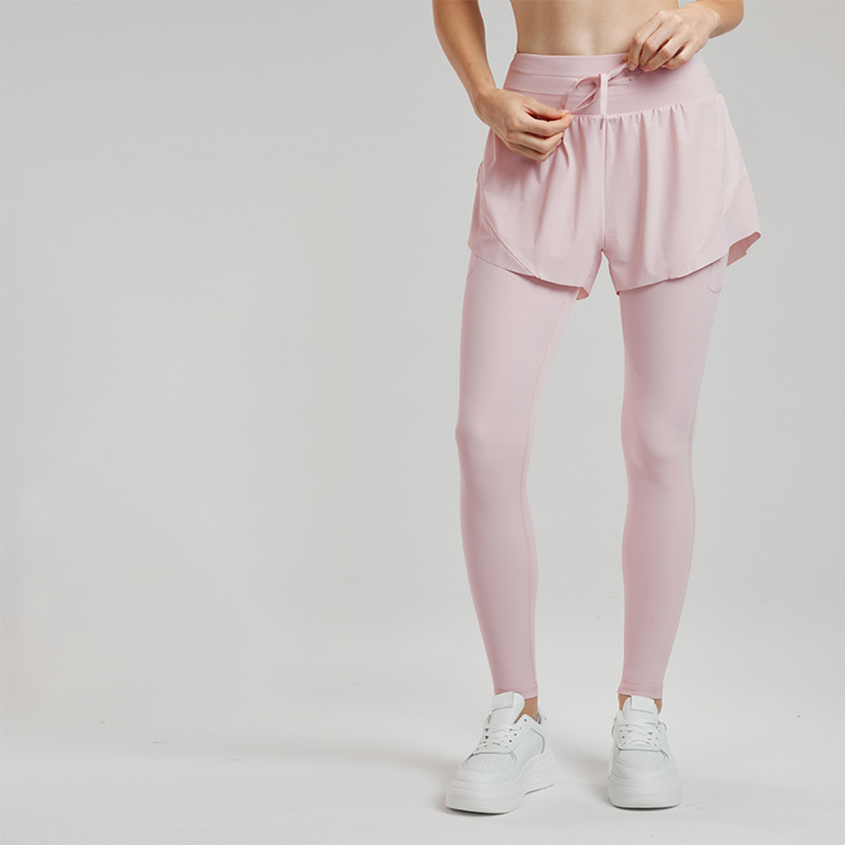 Fake Two-Piece Wide Waistband Drawstring Yoga Pants DWUS124111