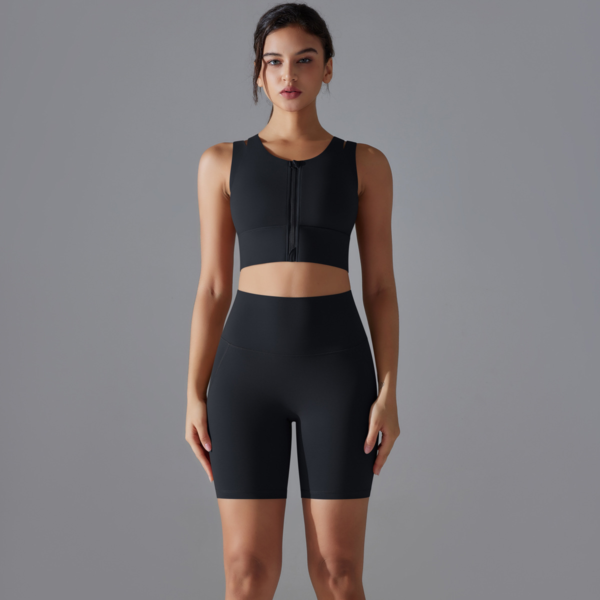  Zipper Bra High-Waisted Quick-Dry Tight Shorts Sportswear Set 7020