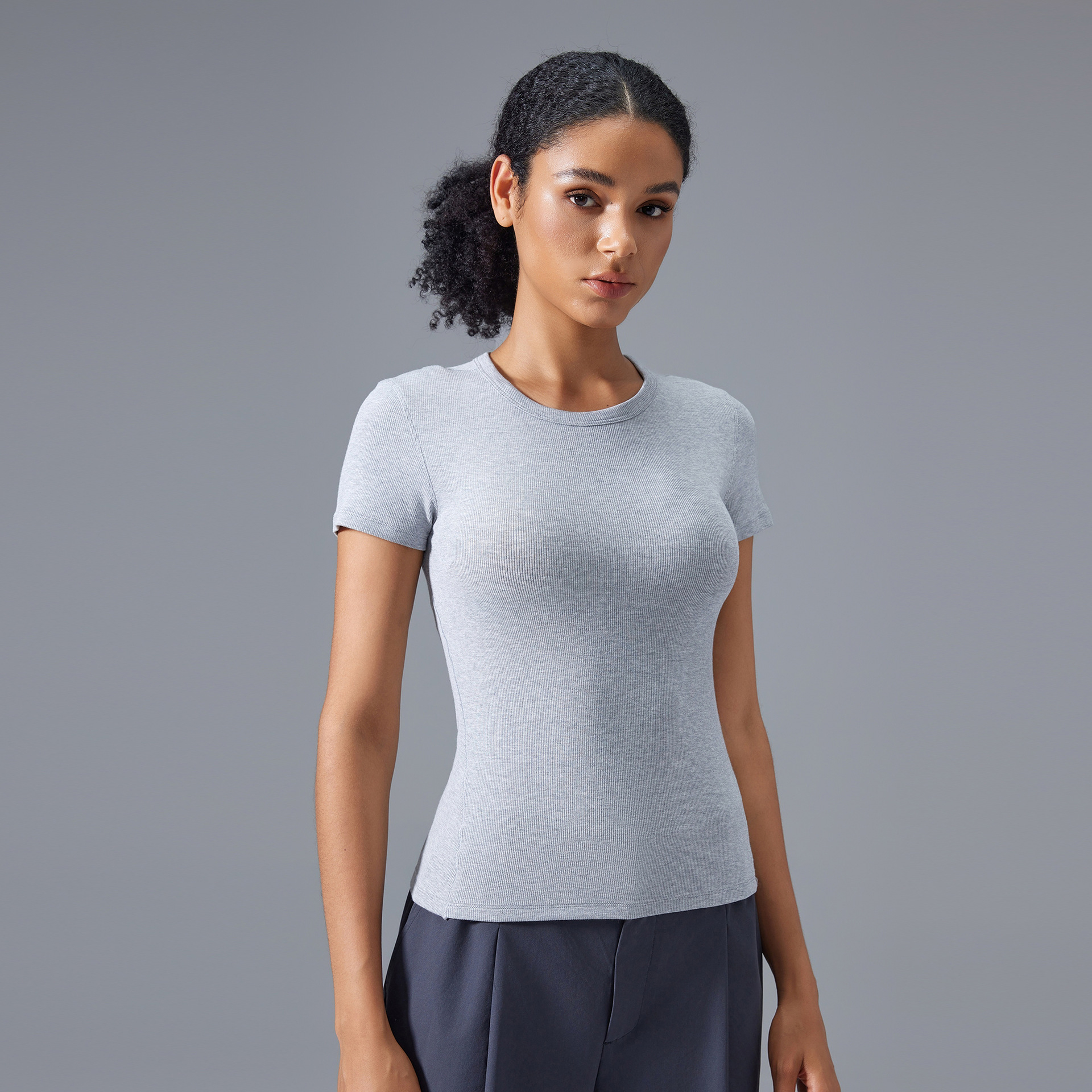 Skinny Nude Skin Friendly Modal Vertical Fitness Yoga Short Sleeve D25096