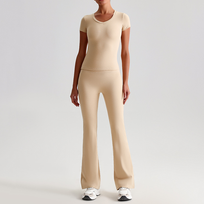 Yoga Suit For Women Casual Hip-lifting Flared Pants And Tight-fitting Nude Short-sleeved shirt SKL-LQ8999