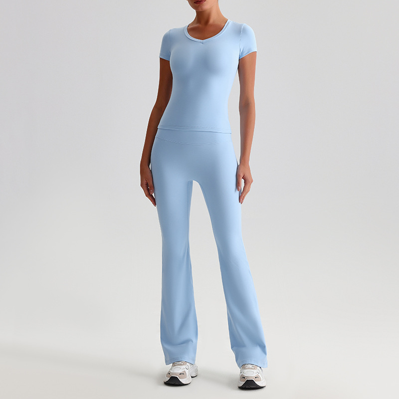 Yoga Suit For Women Casual Hip-lifting Flared Pants And Tight-fitting Nude Short-sleeved shirt SKL-LQ8999