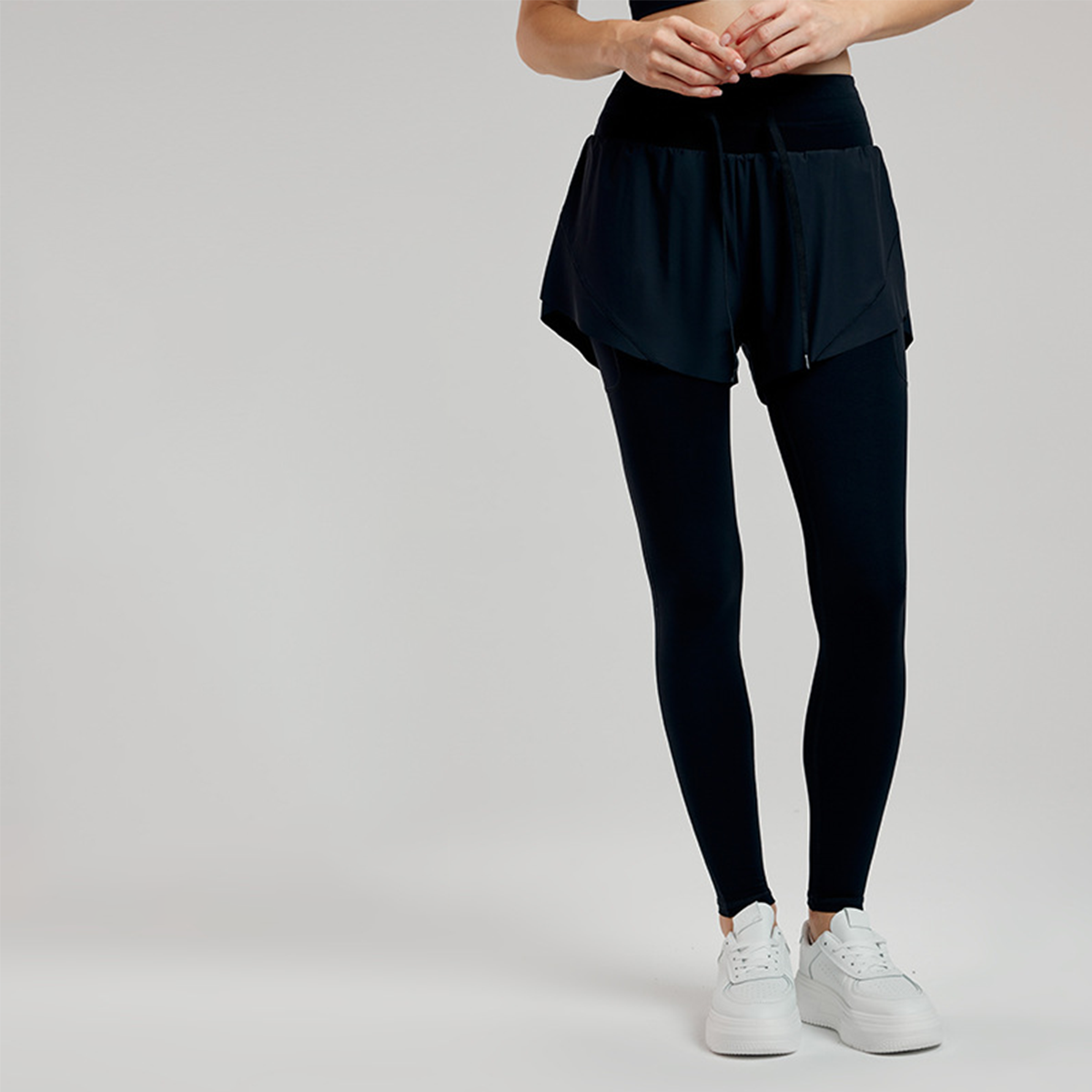 Fake Two-Piece Wide Waistband Drawstring Yoga Pants DWUS124111