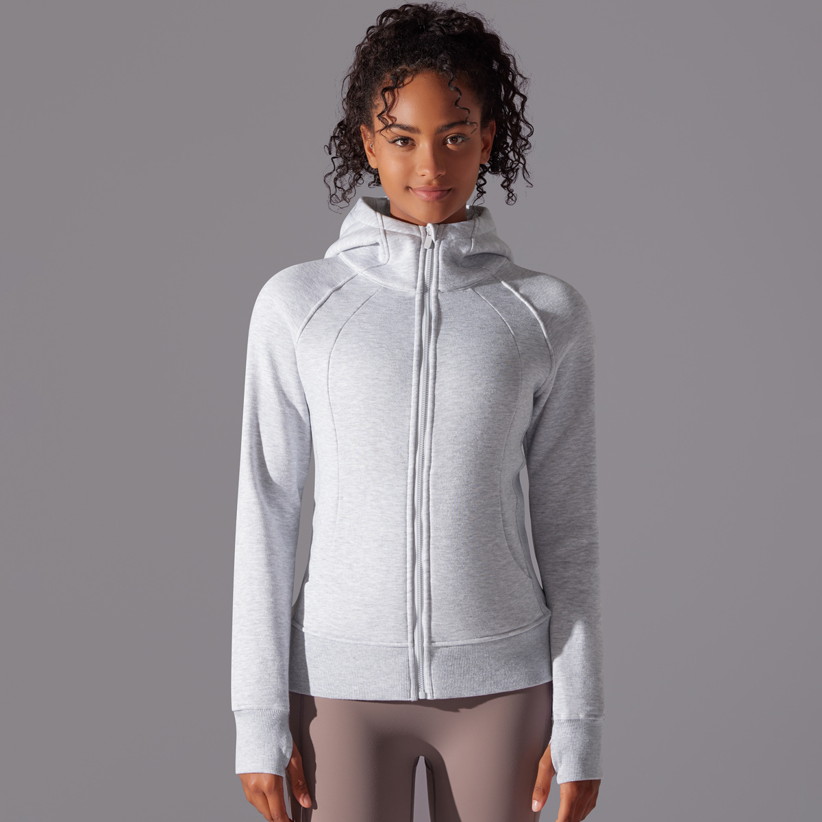  Fleece-Lined Hooded Sports Sweatshirt Jacket Yoga Top 7025